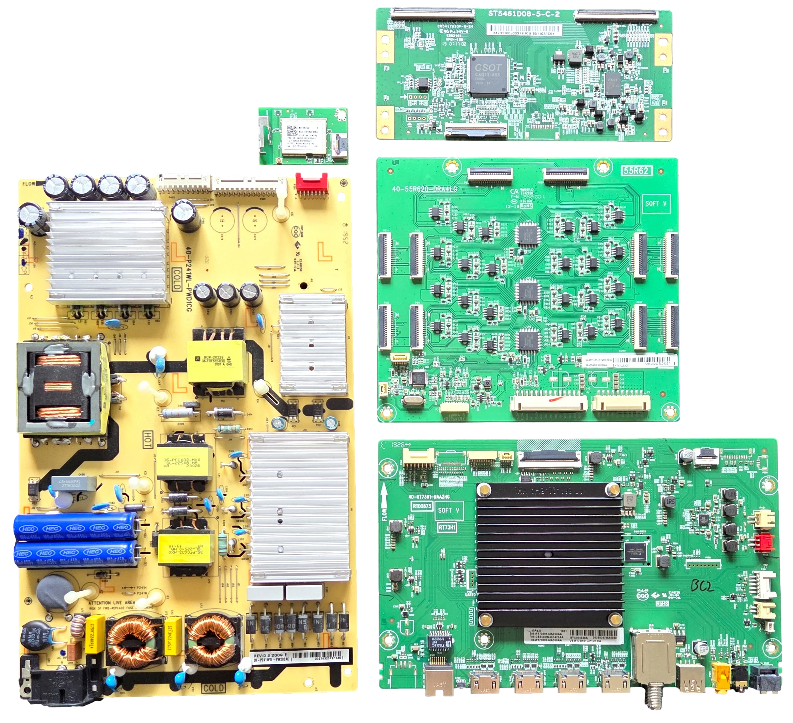55R625 TCL TV Repair Parts Kit, 08-CS55CUN-OC421AA main board, 08-P24W0L-PW200AC Power Supply, 08-D55R620-DR200AA LED Driver, ST5461D08-5-C-2 T-Con, 07-RT8812-MA4G Wifi, 55R625