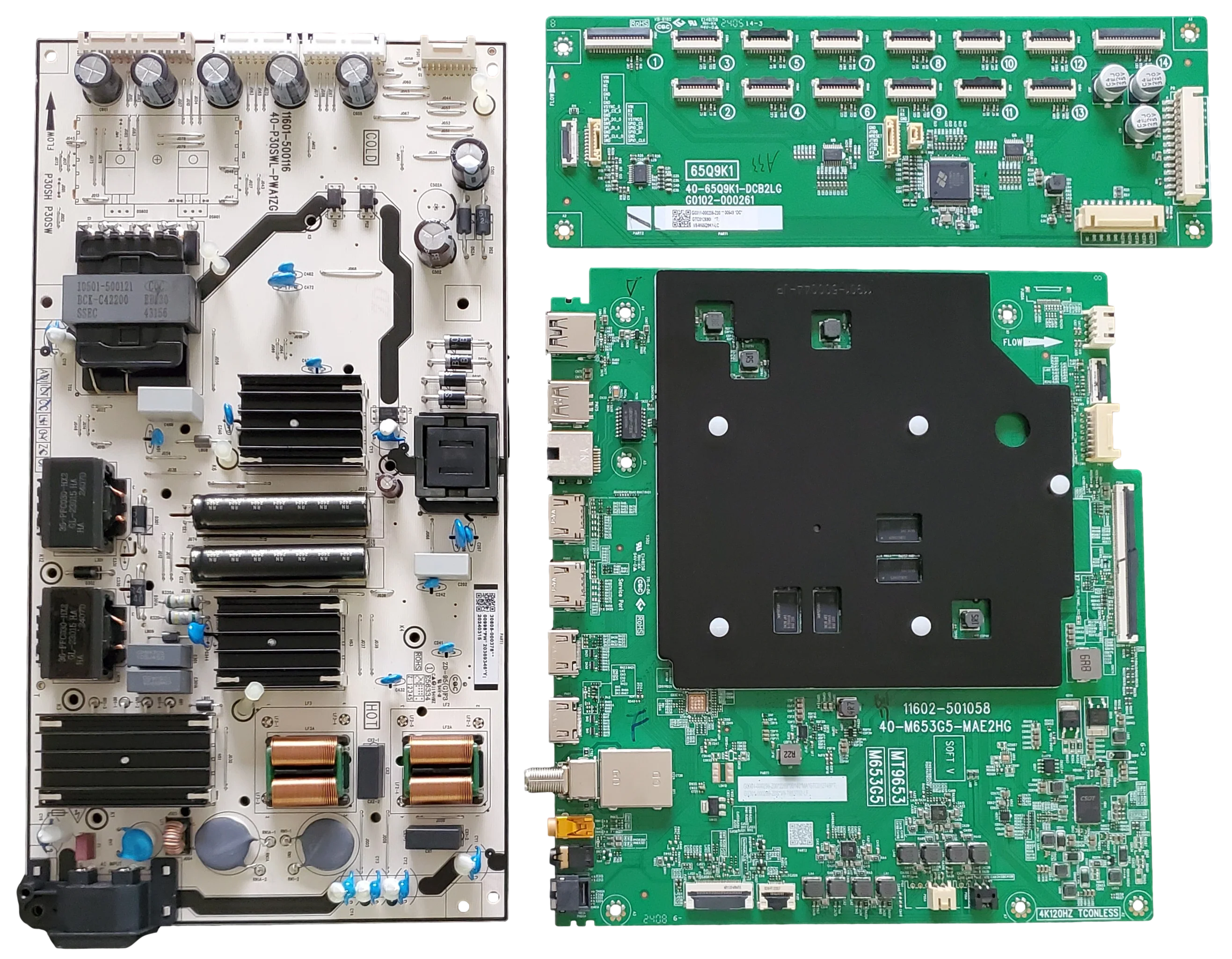 65QM751G TCL TV Repair Parts Kit, G0301-000299 Main Board, 30805-000378 Power Supply, V8-M65Q9K1-LC LED Driver, 65QM751G