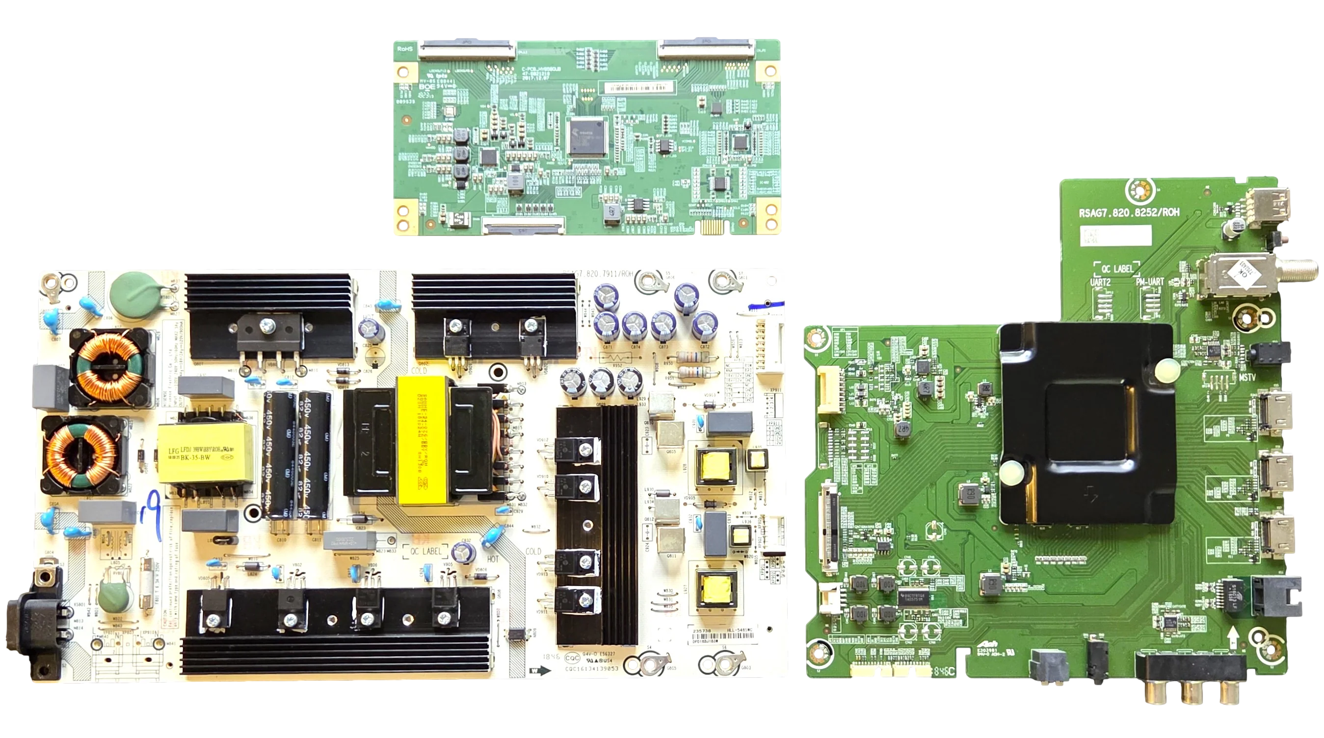 65R6070E Hisense TV Repair Parts Kit, 242999 Main Board, 235738 Power Supply, HV650QUBF90 T-Con, 65R6070E, 65R6E