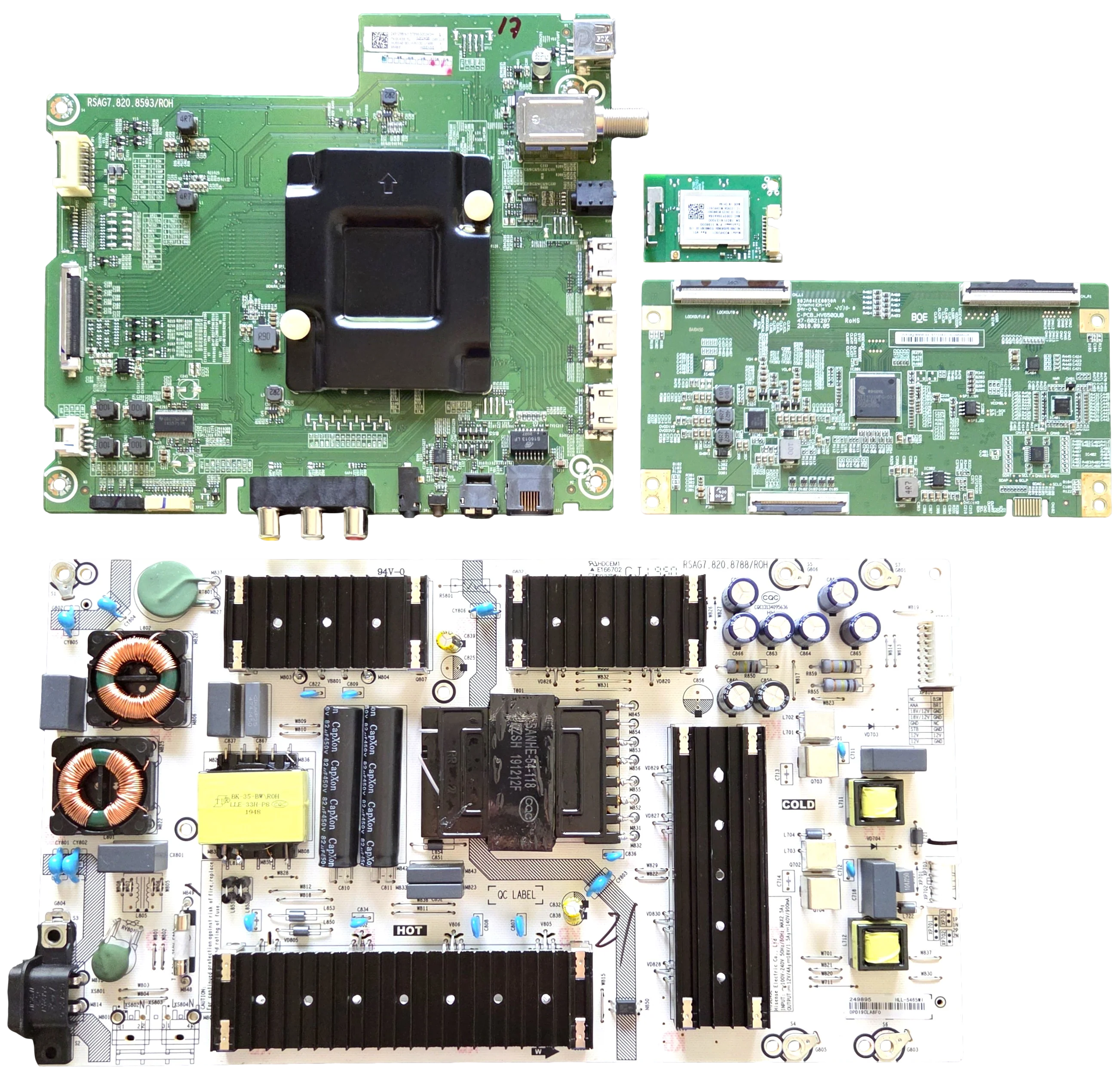 65R6E1 Hisense TV Repair Parts Kit, 249123 Main Board, 249895 Power Supply, 47-6021218 T-Con, 1196330 Wifi, 65R6E1 V4, 65R6E1