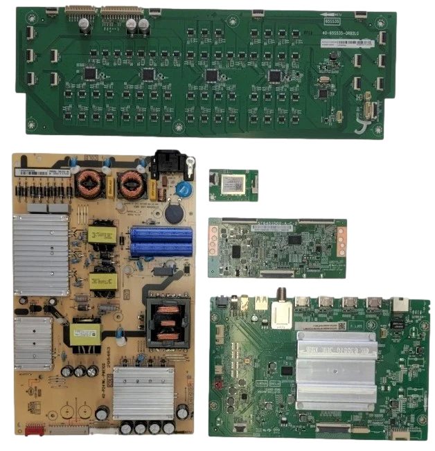 65S535 TCL TV Repair Parts kit, 08-RT73013-MA200A Main Board, 08-P241W0L-PW200AE Power Supply, ST5461D13-2-C-2 T-Con, 08-D55S530-DR200AA LED Driver, 07-RT8812-MA4G Wifi, 65S535