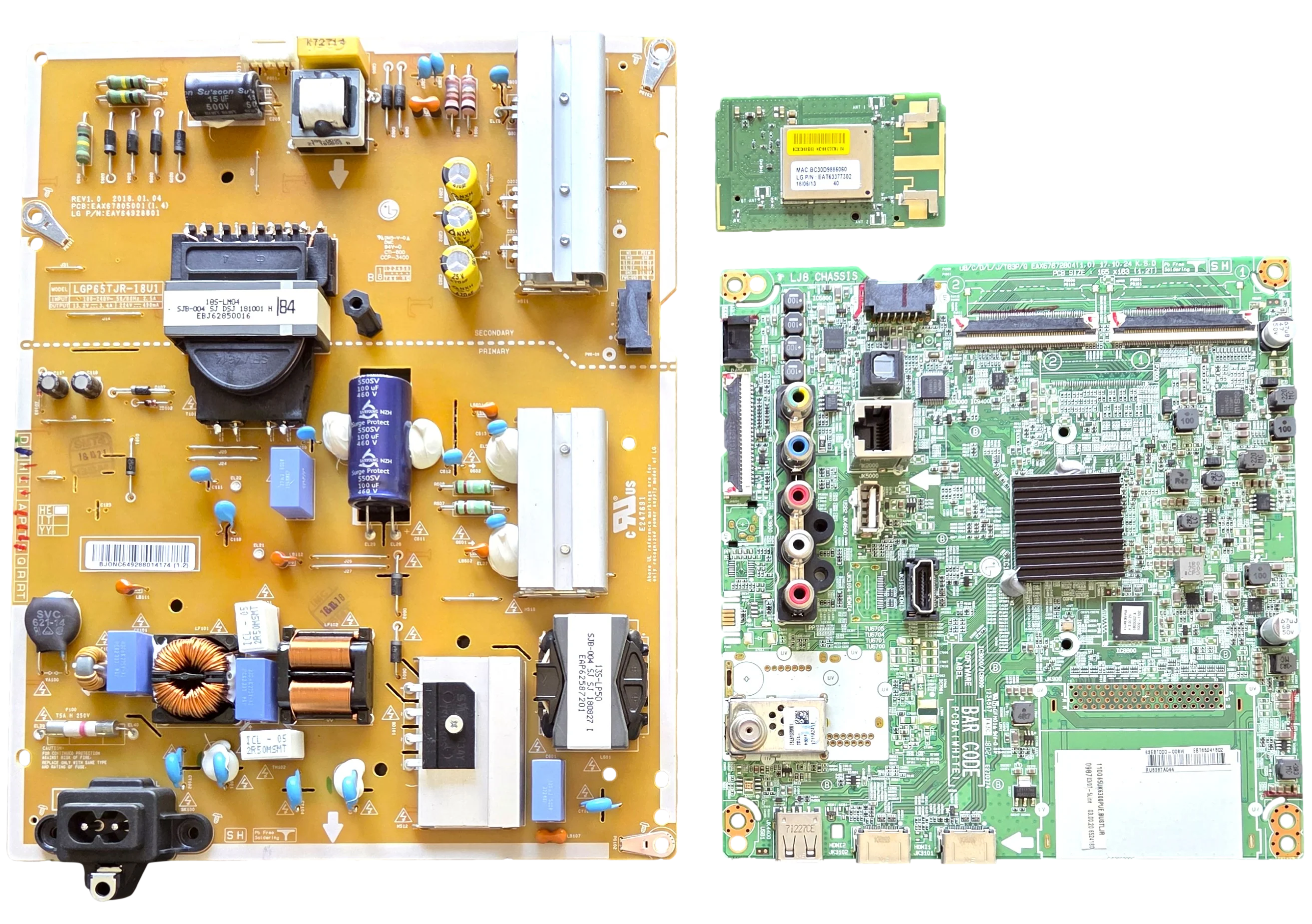 65UK6300PUE LG TV Repair Parts Kit, EBT65241802 Main Board, EAY64928801 Power Supply, EAT63377302 Wifi, 65UK6300PUE BUSTLJR, 65UK6300PUE