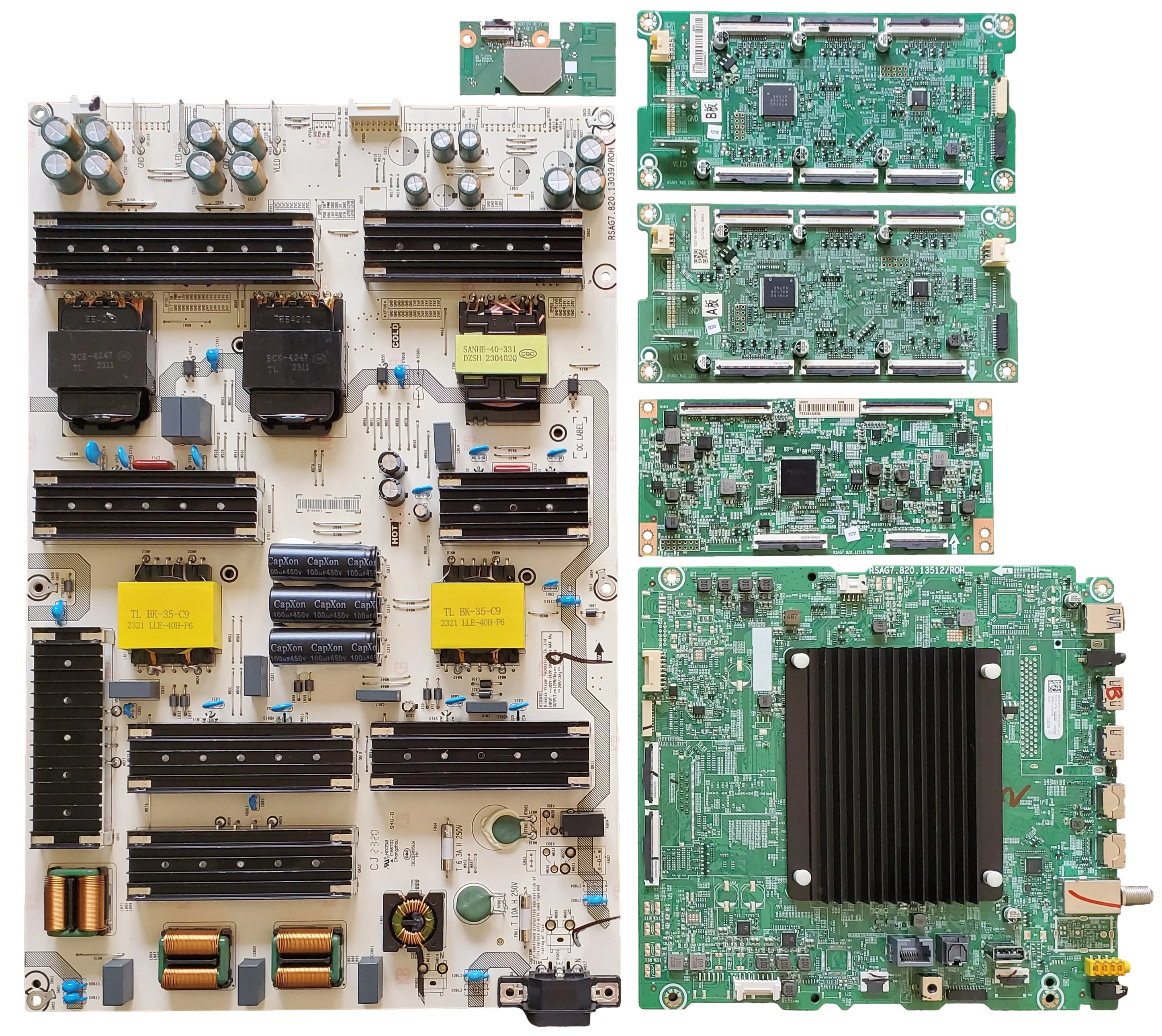 75U8K Hisense TV Repair Parts Kit, 345437 Main Board, 336845 Power Supply, 338397 T-Con, 335746 LED Driver, 335882 LED Driver, 1263279 Wifi, 75U8K