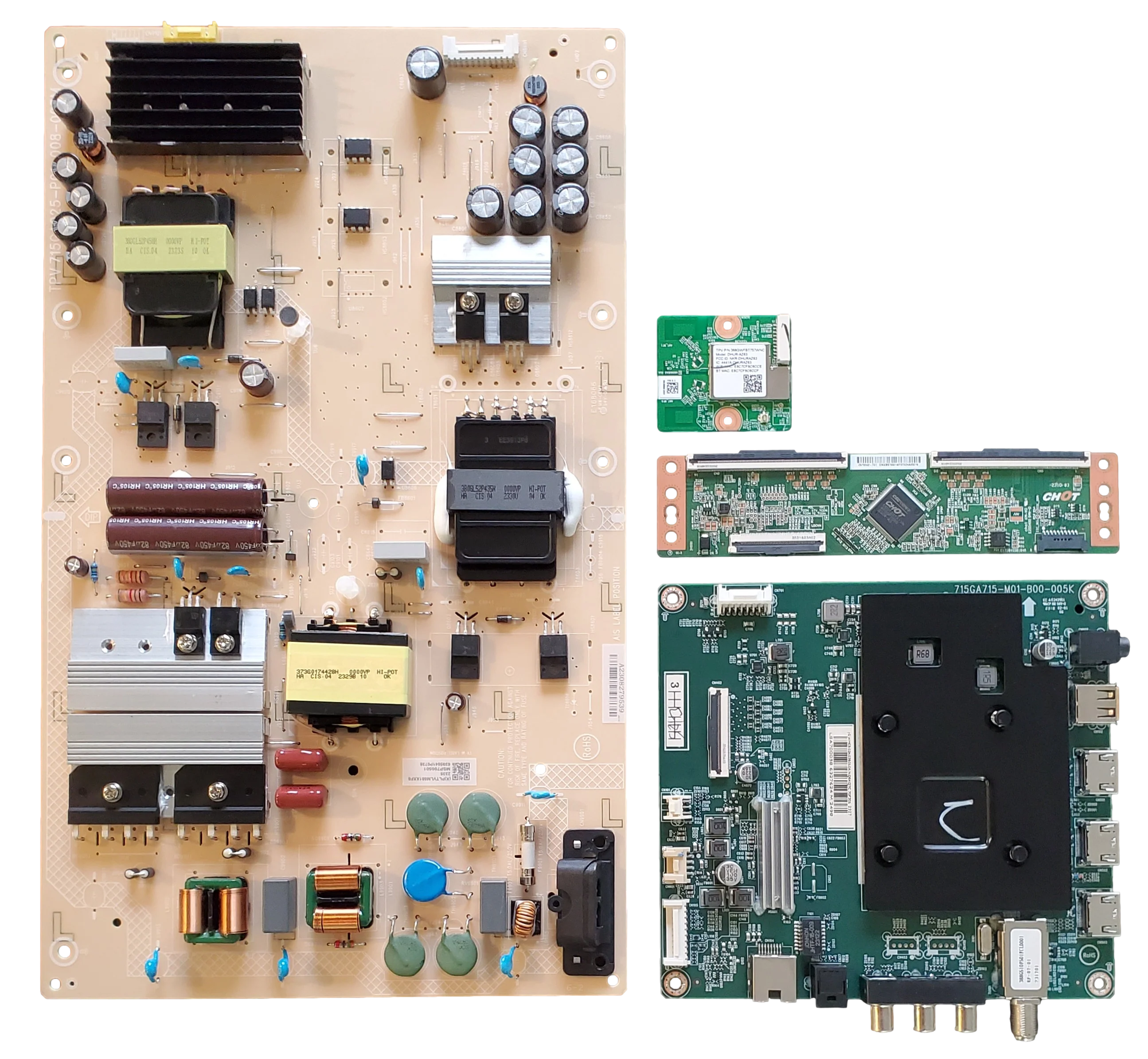 NS-70F301NA23 Insignia TV Repair Parts Kit, 756TXMCB02K036010X Main Board, PLTVLM681XXF6 Power Supply, CV700U2-T01  T-Con, 368GWFBT757WNC Wifi, NS-70F301NA23