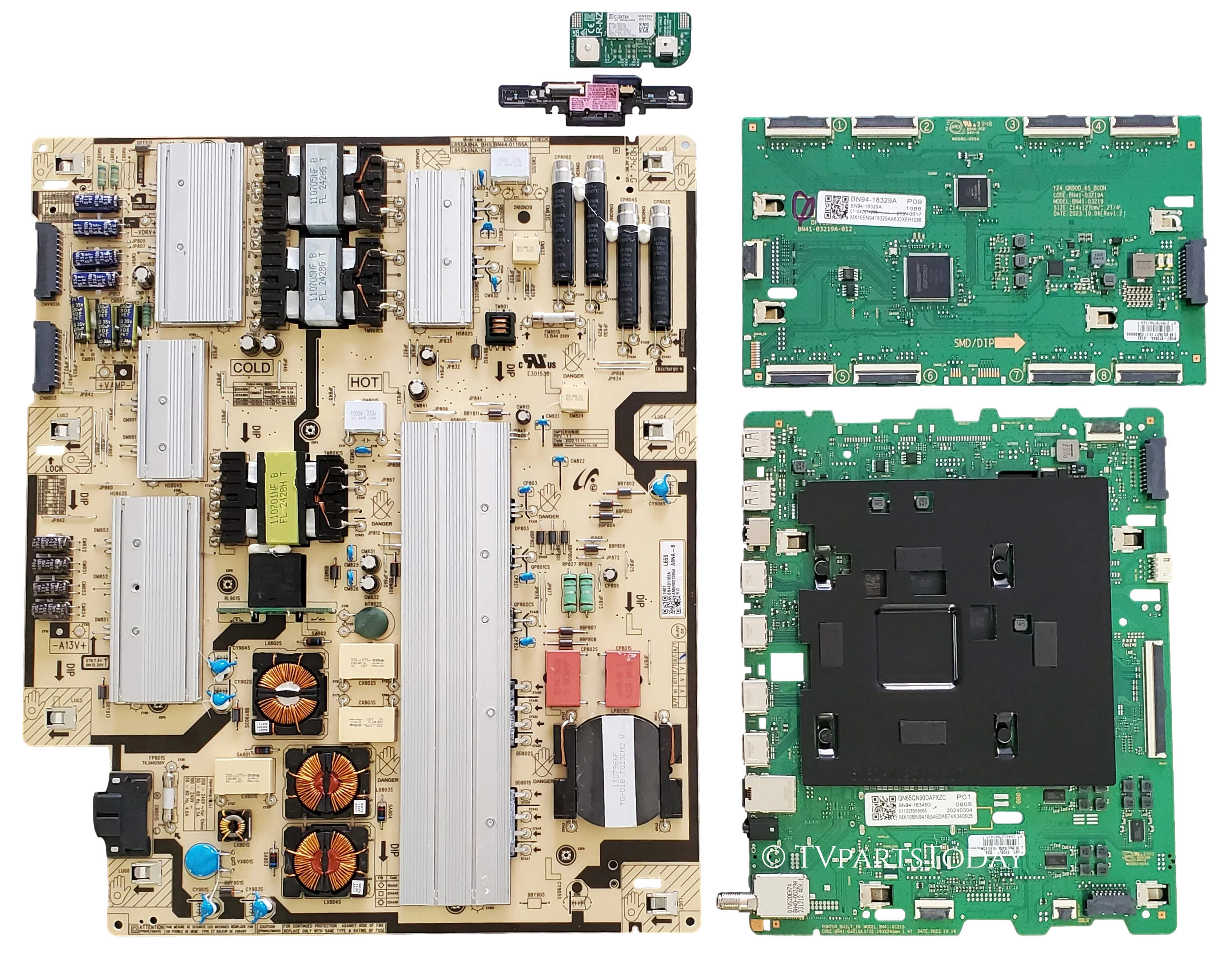 QN65QN90DAFXZA Samsung TV Repair Parts Kit, BN94-18346D Main Board, BN44-01165A Power Supply, BN94-18329A LED Driver, BN59-01470A Wifi, BN59-01435A Hub, QN65QN90DAFXZA