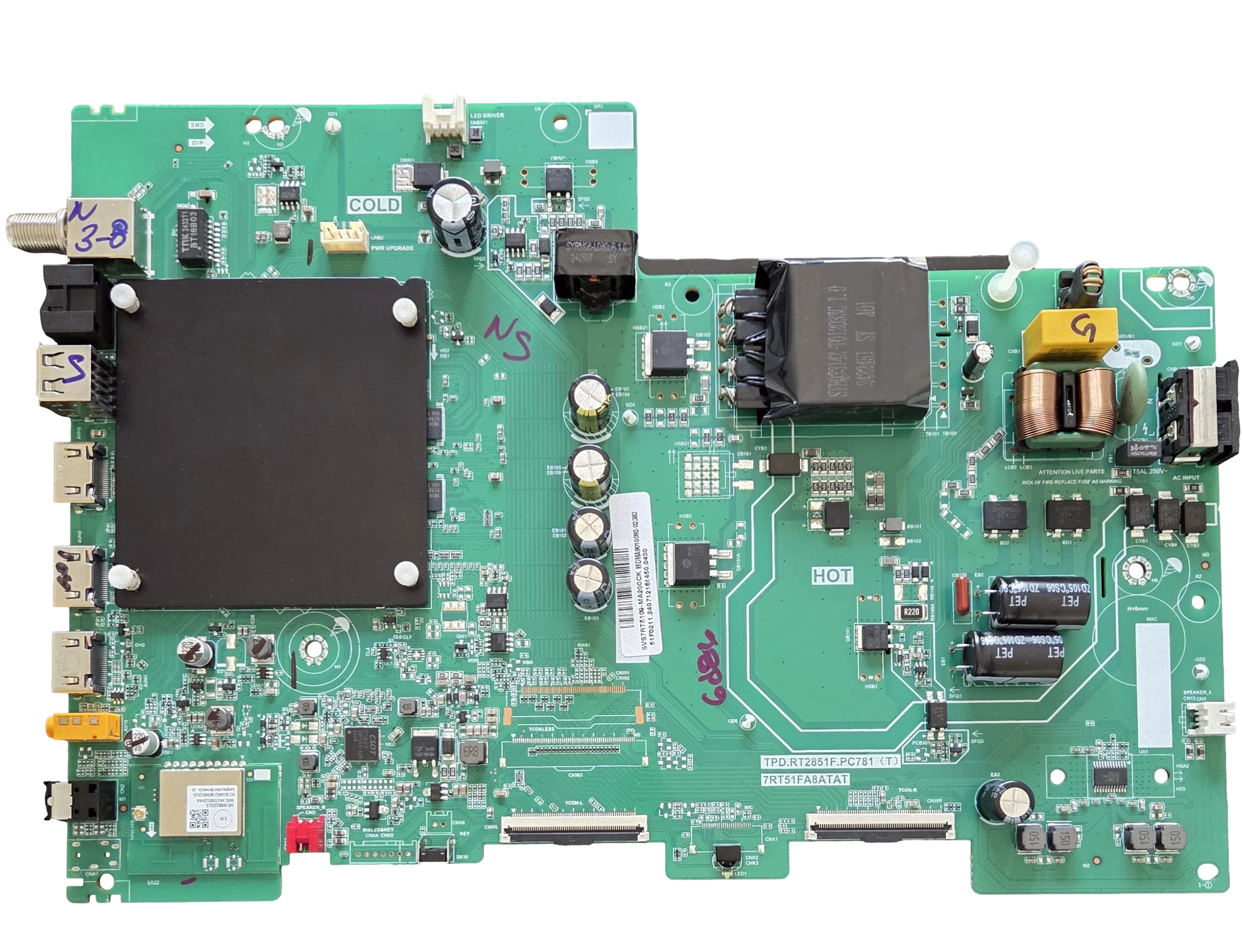 SVS7RT5109-MA200CK Philips Main Board, SVS7RT5109-MA200, TPD.RT2851F.PC781(T), 7RT51FA8ATAT, 55PUL7552/F7E