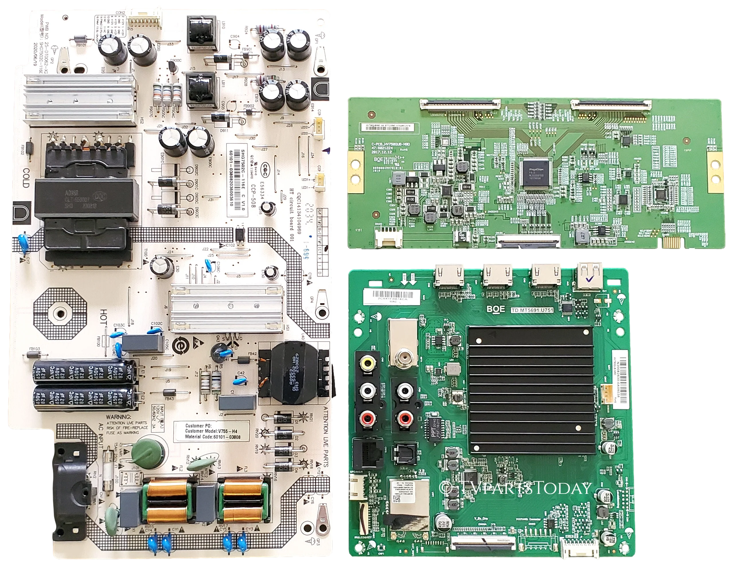 V755-H4 Vizio TV Repair Parts Kit, 60103-00702 Main Board, 60101-03808 Power Supply, 44-97713890 T-Con, V755-H4, V755-H14