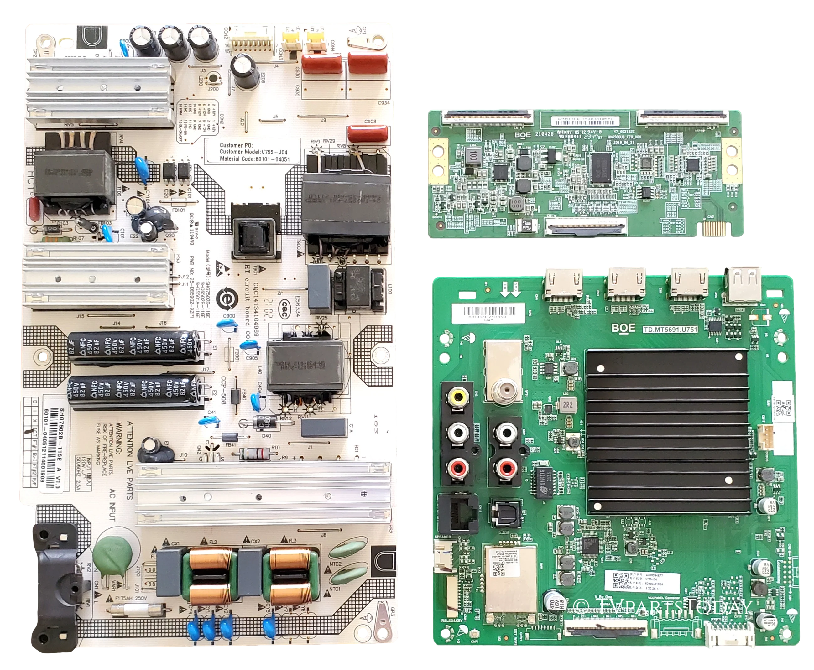 V755-J04 Vizio TV Repair Parts Kit, 60301-01014 Main Board, 60101-04051 Power Supply, HV750QUBF91 T-Con, V755-J04